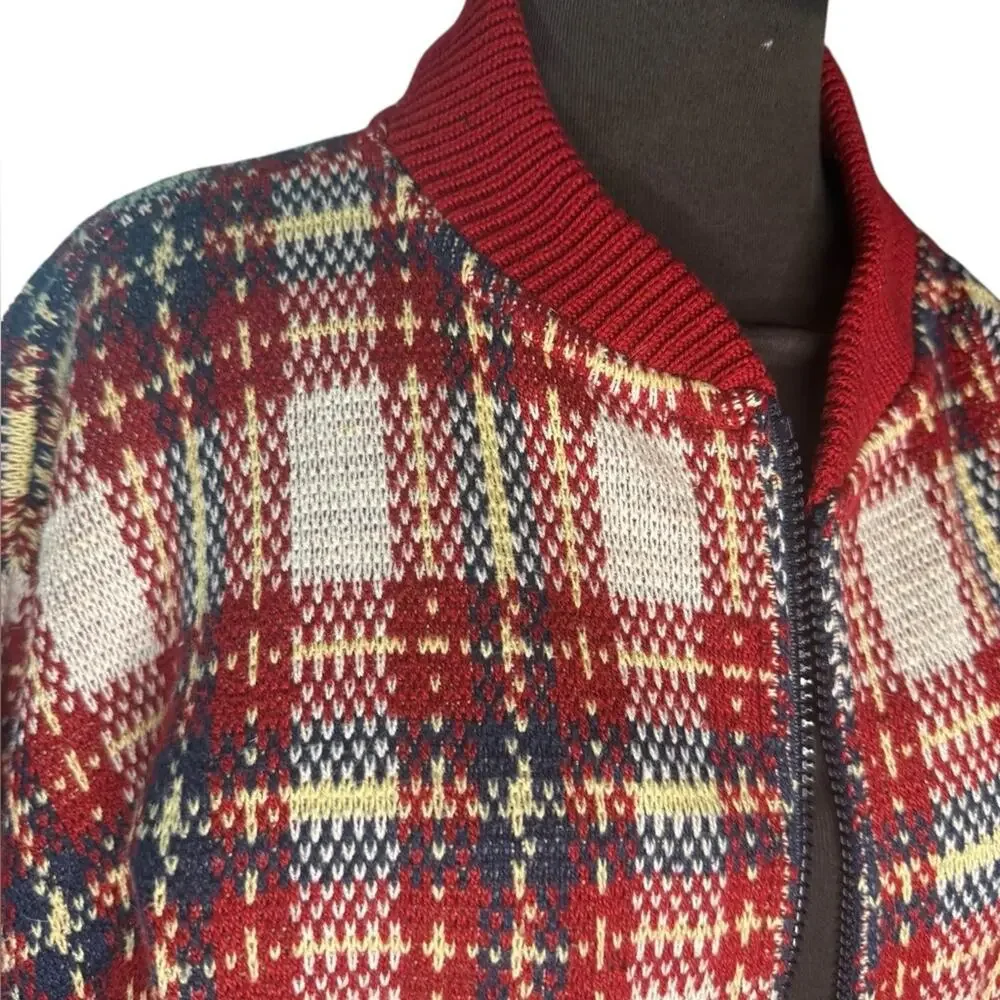 Lands End Cotton Knit Plaid Zip Up Bomber Jacket Cardigan Womens Size M Preppy